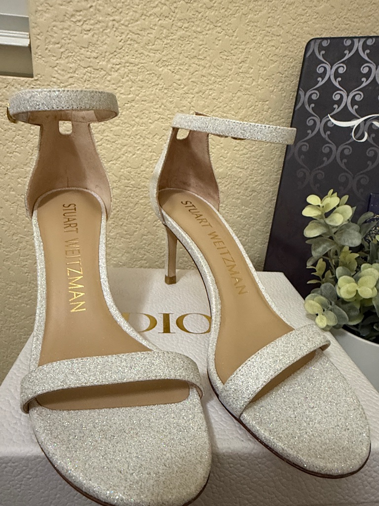 Stuart Weitzman Silver Glitter Ankle Strap Heels Size 6.5 Nwt